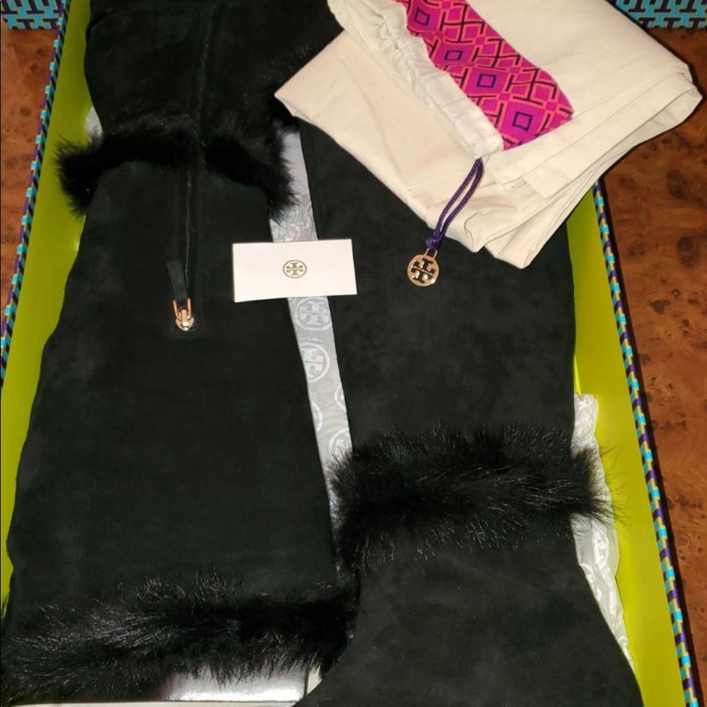 TORY BURCH MARCEL GENIUNE SHEARLING FUR LINED WEDGE TALL BLACK BOOTS